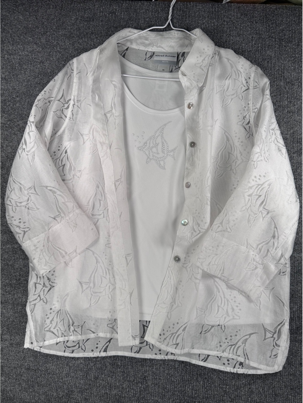 Alfred Dunner Petite Small Sheer Fish Burnout White Blouse Resort Matching Tank